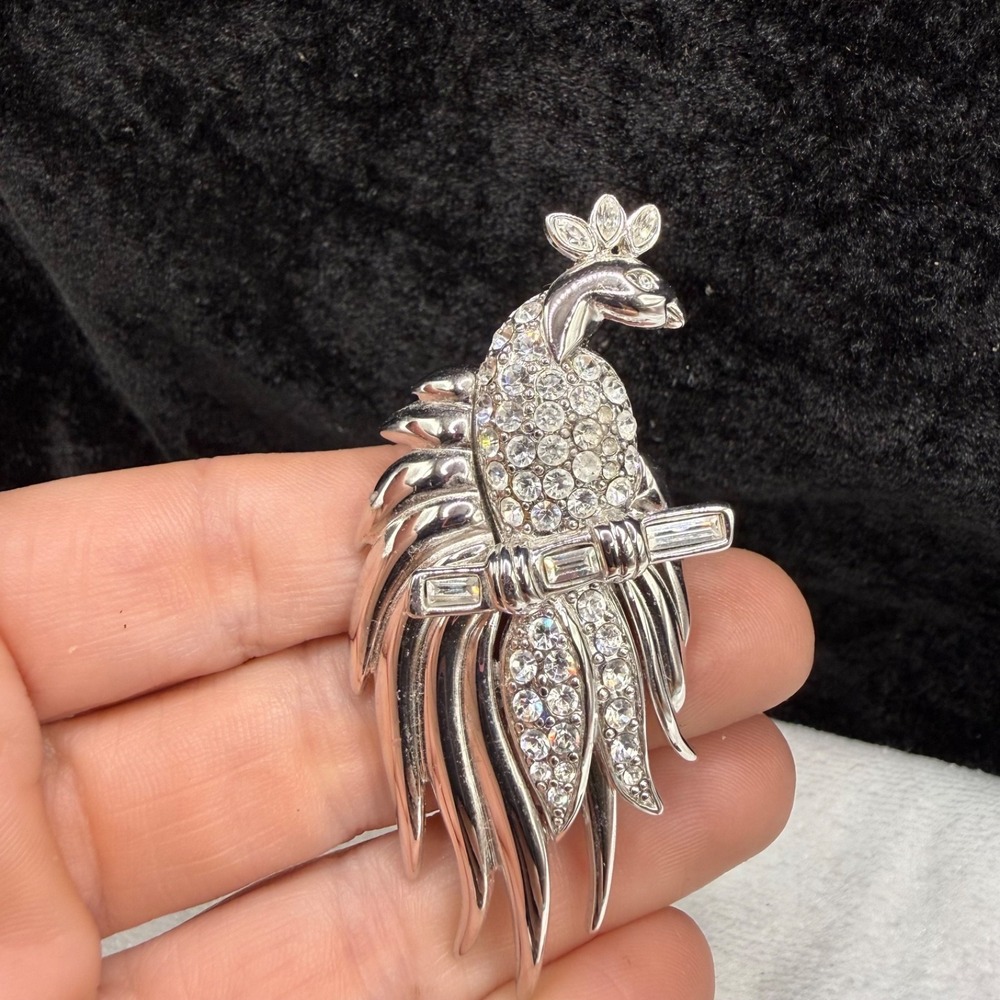 Vintage Monet Bird Brooch Silver Tone Rhinestone Peacock Signed